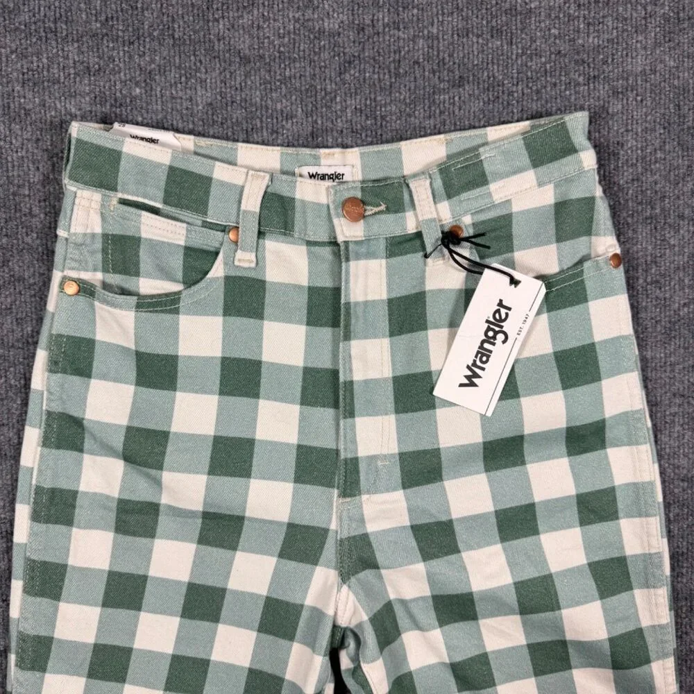 NEW Wrangler Wrock Gingham Kick Flare Western Boho Jeans Green Size 29 - Picture 2 of 6